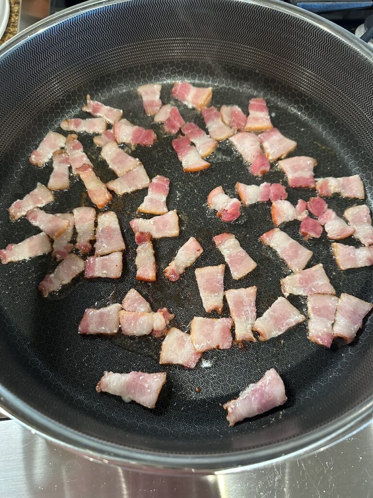 Frozen bacon, cut perpendicular to strips, automatically creates bacon lardons