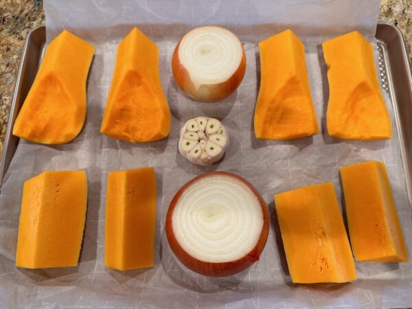 Butternut Squash, onions and garlic ready for roasting