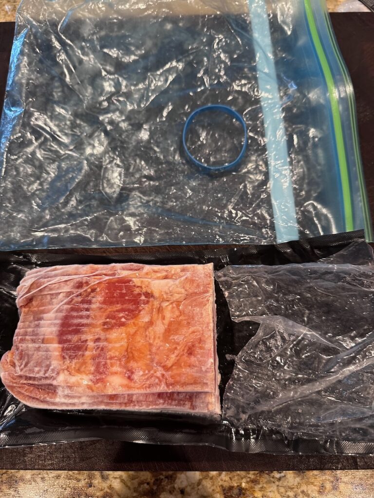 Remainder of bacon goes back into the freezer in a zip lock bag