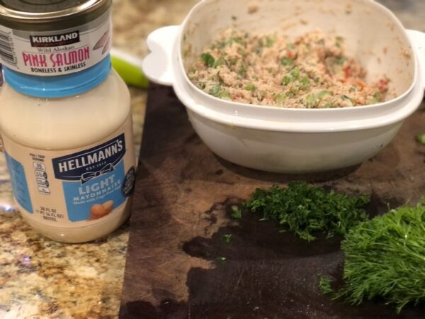 Hellmans Light mayo, chopped fresh dill, costco canned salmon and a bowl of mixed up salmon salad