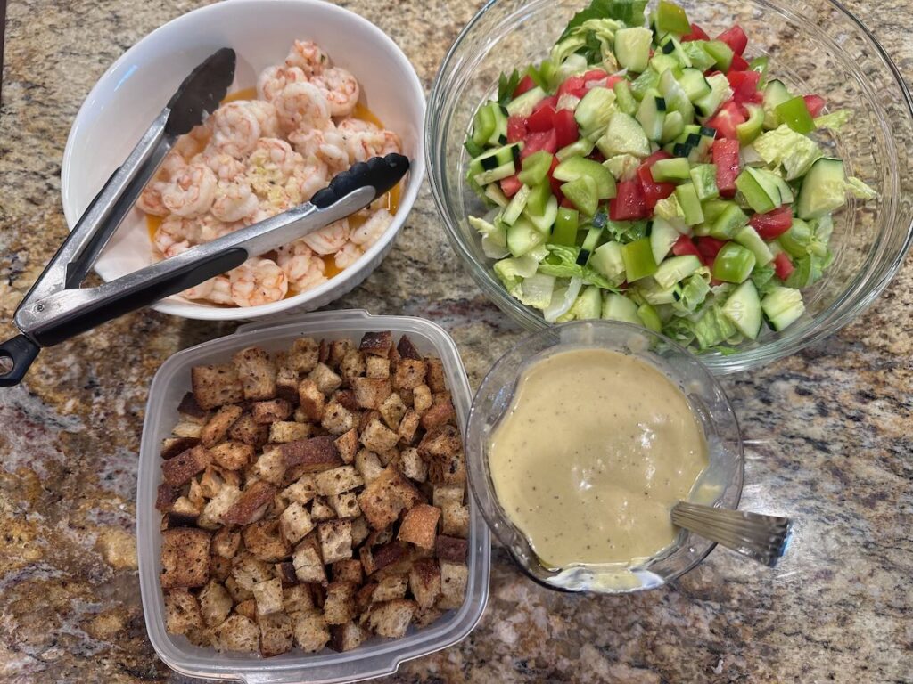 Cooked Shrimp, Chopped salad vegetables, homemade croutons and homemade dressing