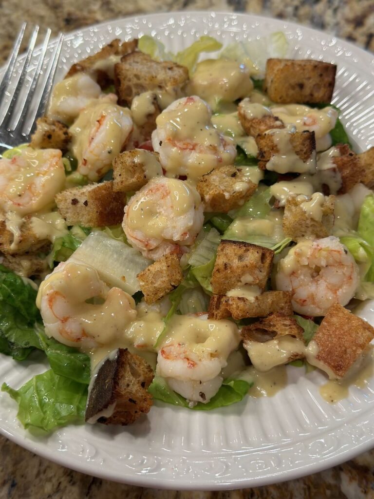 Garlic Shrimp Caesar Salad with homemade dressing and croutons