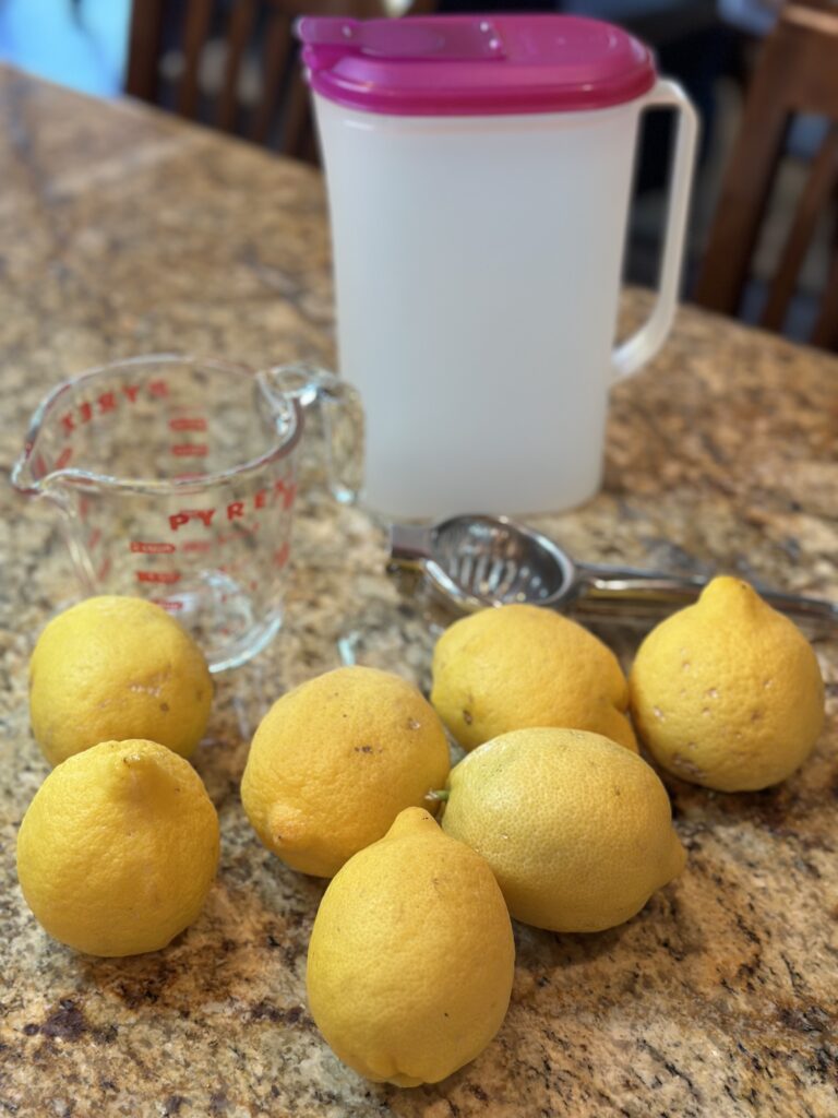 Lemons, handheld juicer, pyrex measuring cup and a 2 Qt container for making lemonade