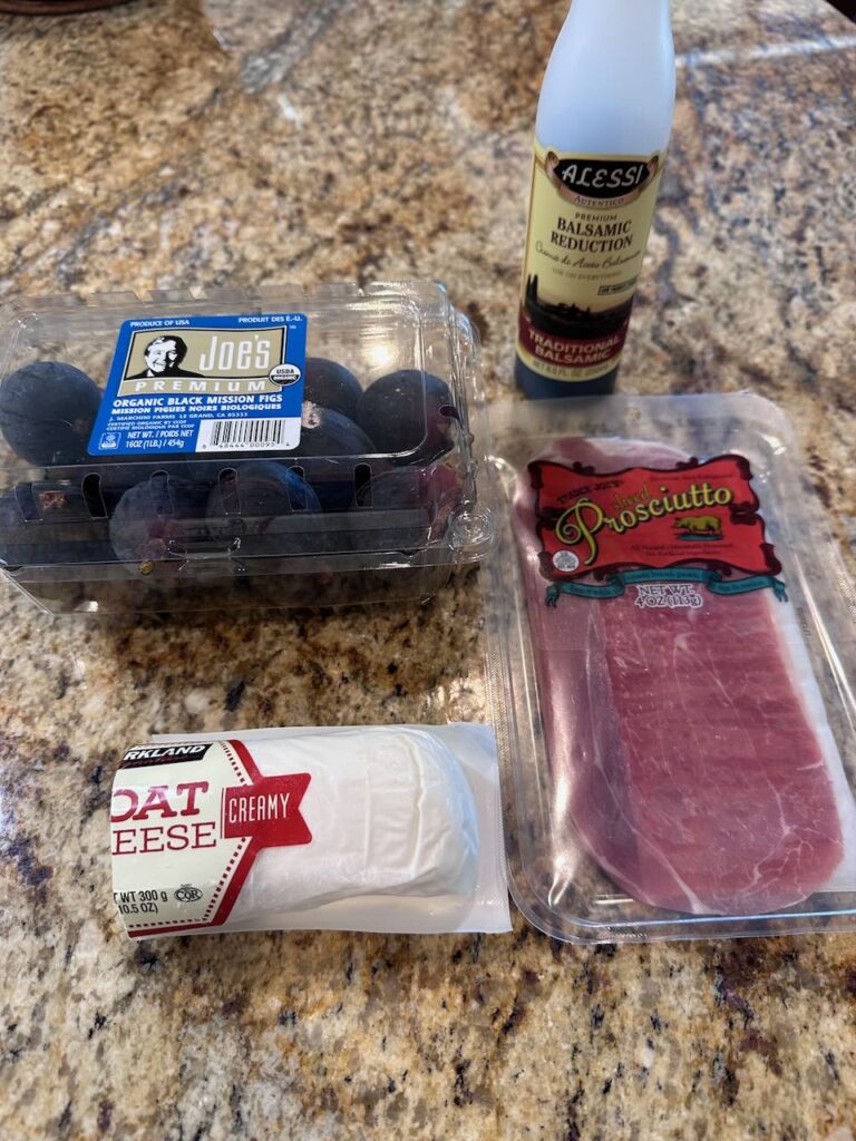 Ingredients for grilled figs - Prosciutto, figs, goat cheese and balsamic reduction.
