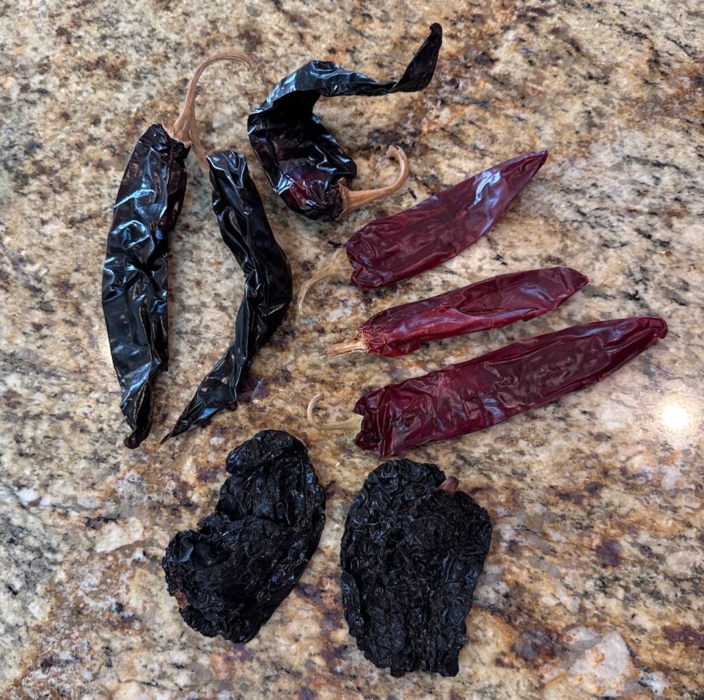 three kinds of dried chile's - ancho, guajillo and california 