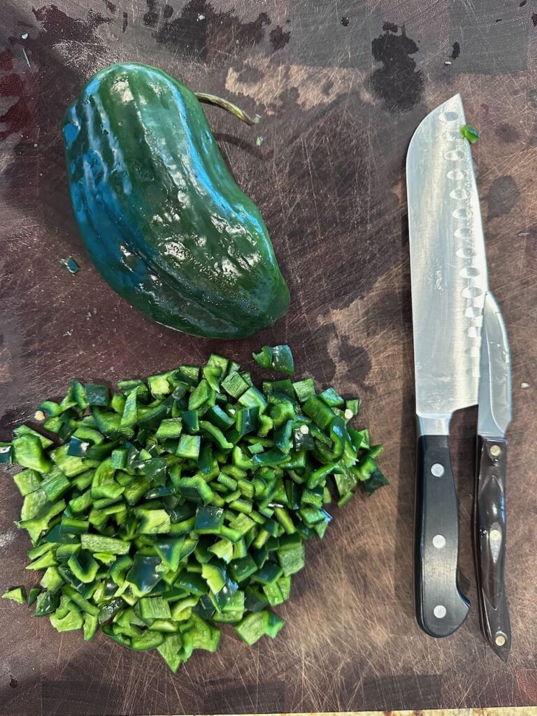 Poblano Pepper ready to be chopped and 2 already chopped poblano peppers - getting ready for deconstructed shrimp poblano peppers