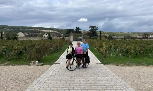 Two friends and I taking a break out on the bike tour of Burgundy