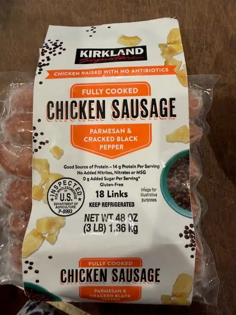 Costco's Kirkland Brand Chicken Sausage - Parmesan and Cracked Black Pepper flavor. 